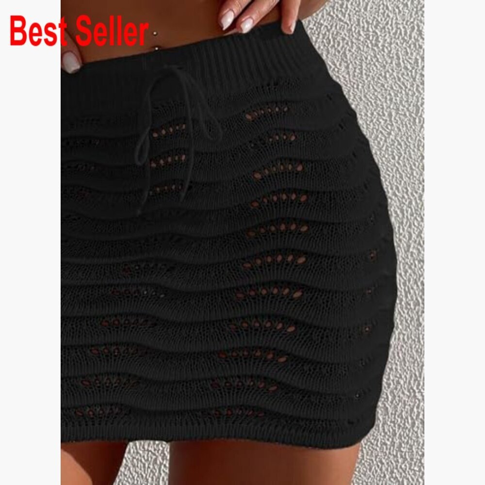 Polyester Blend Crochet Cover Up Skirt with Hollow Out Tie Front - Picture 3 of 4